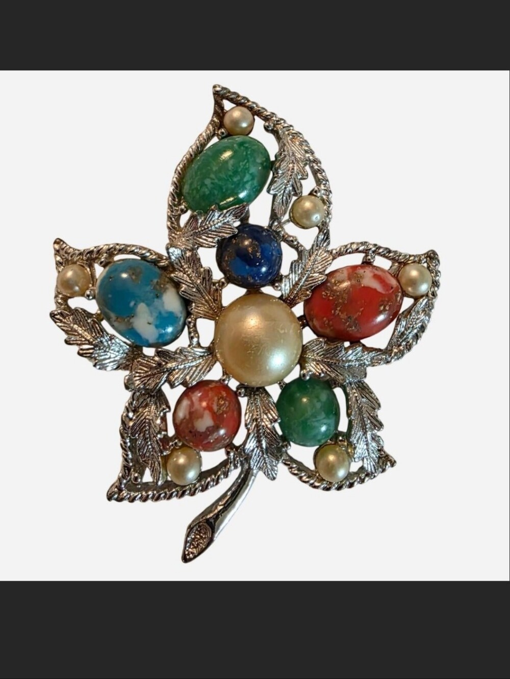 Vintage Sarah Coventry Grandeur Multi Stone Faux Pearl Maple Leaf Brooch Pin